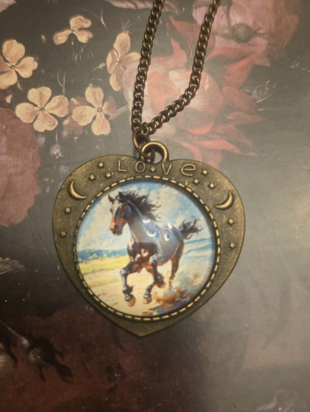 Pretty Running Horse Glass Cabochon In Bronze Metal Frame & Chain Necklace